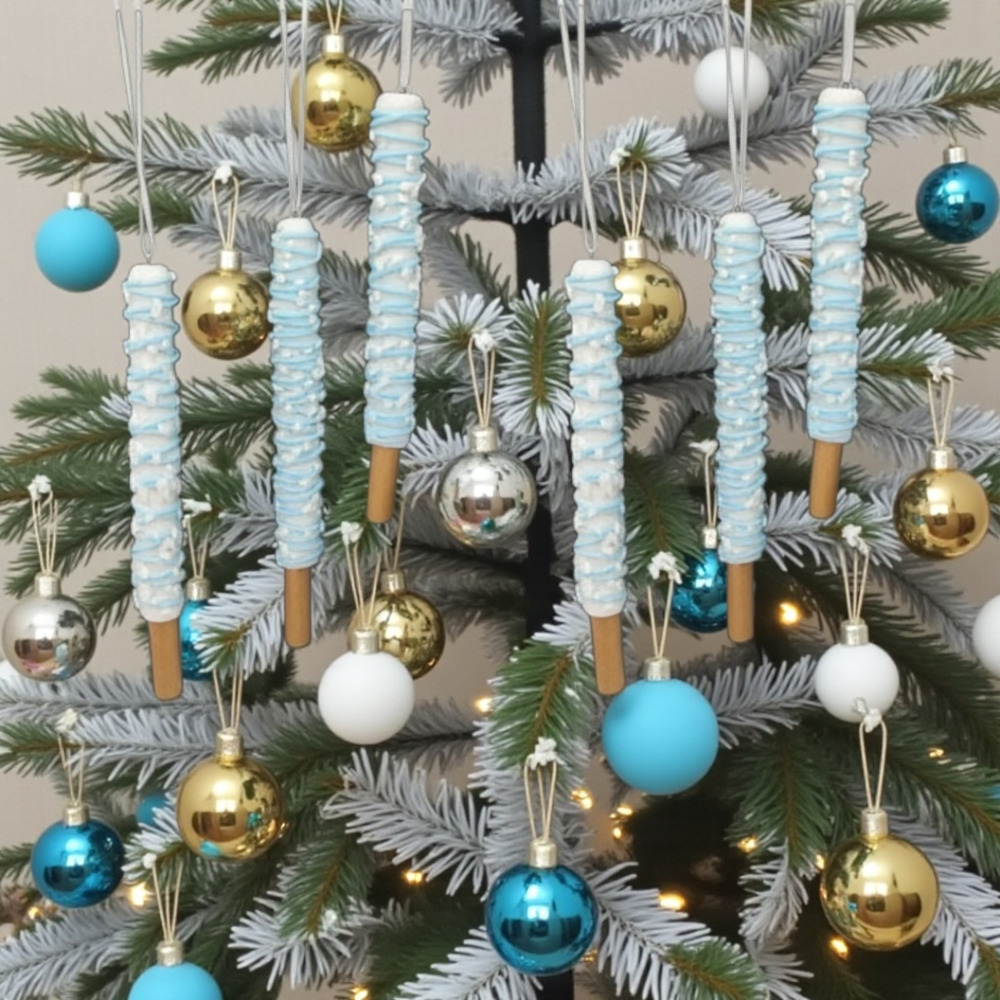 Iced‎ Pretzel Lollipop 6 Christmas Ornaments-White Blue Sprinkles 6 in
